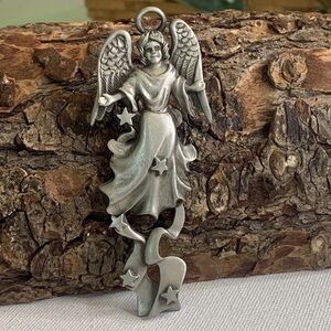 Large Pewter Angel Pendant Ornament Hanging Spiritual Guardian Angels Stars 3.5"